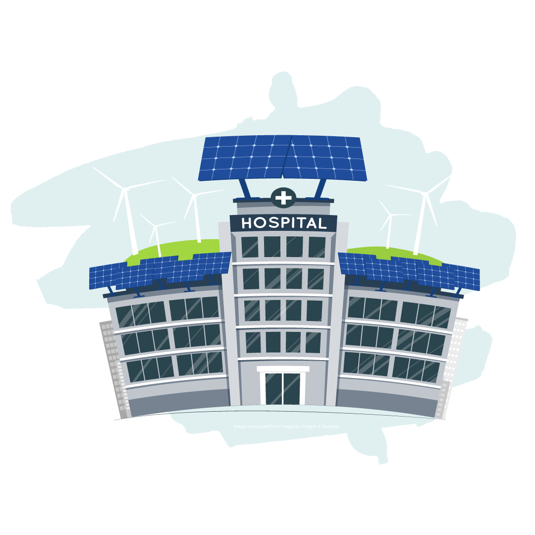 Illustration of a hospital with wind turbines and solar panels on the roof