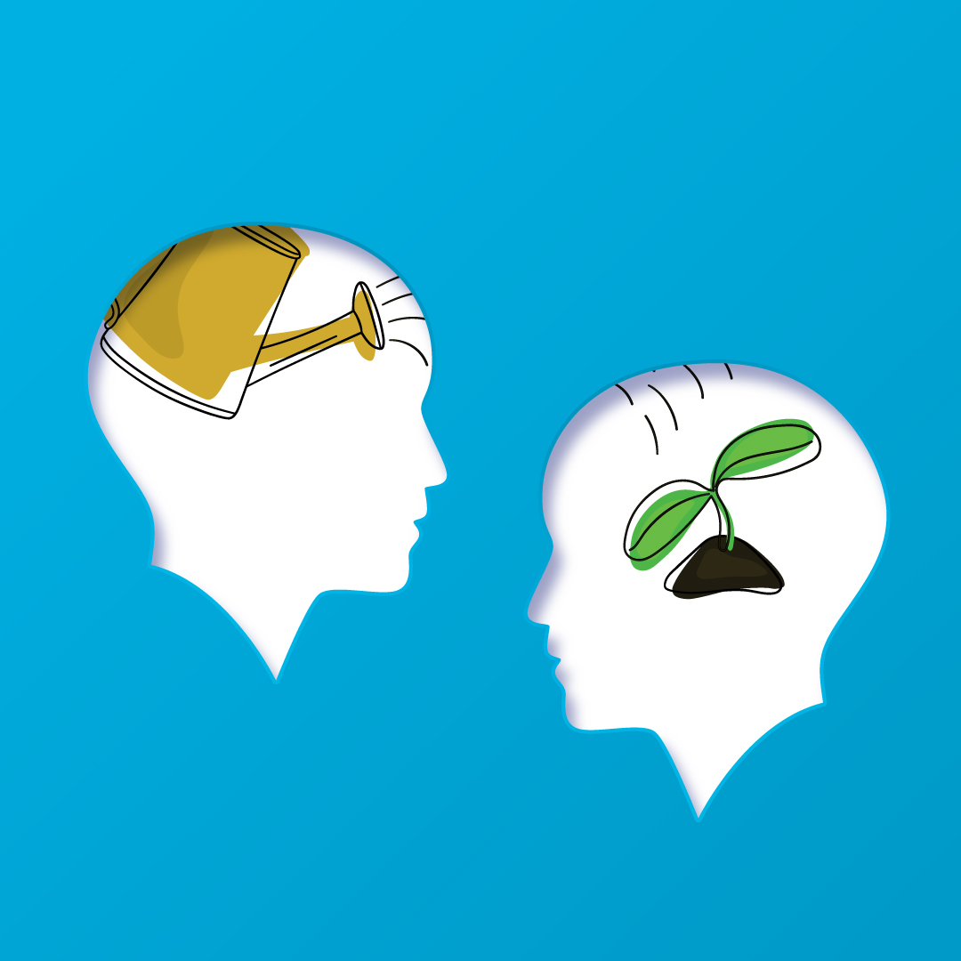 Silhouettes of two heads facing each other in profile. One with a wateringcan inside it watering a plant inside the other head.